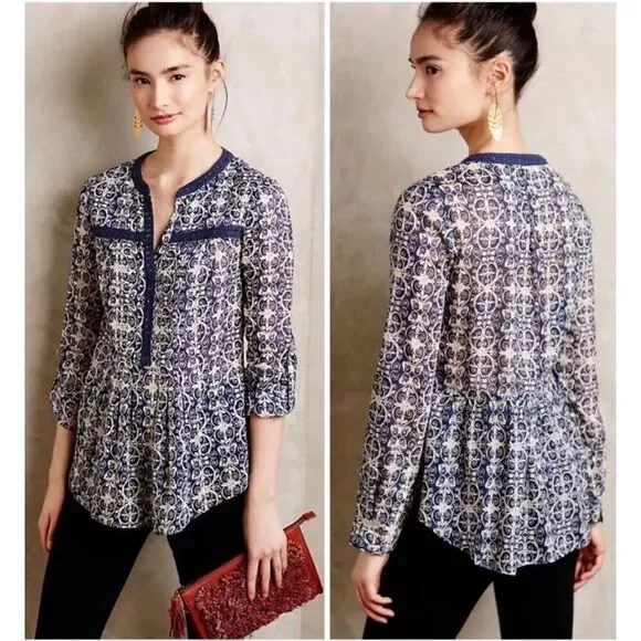 Anthropologie MaEve Abella Pintuck Blue Print Blouse sz 0 - Picture 1 of 11